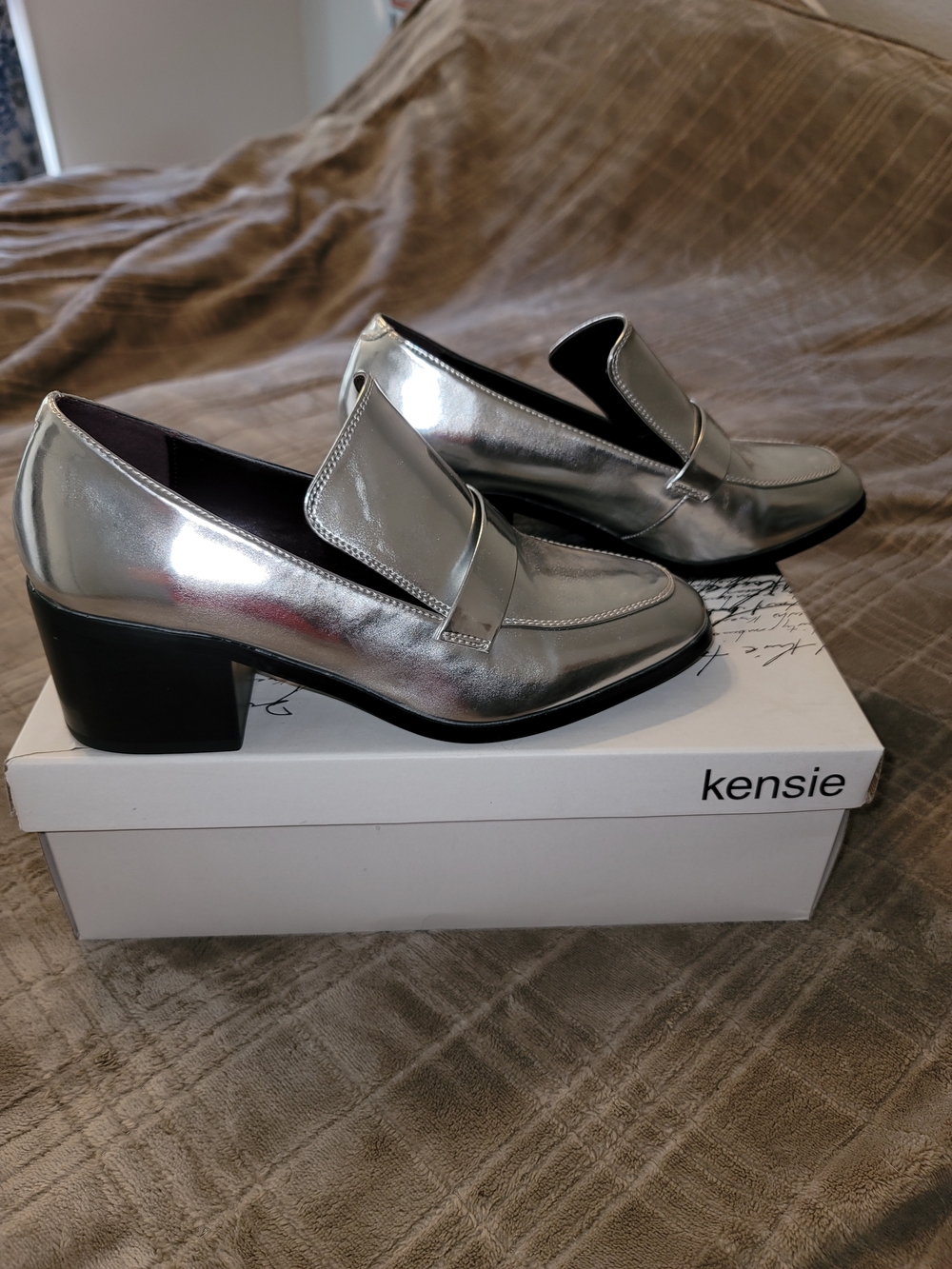Kensie Silver Metallic Block Heel Loafers